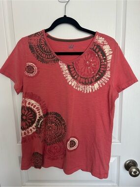 St. John's Bay Coral Short Sleeve V-Neck Tee with Metallic Accents